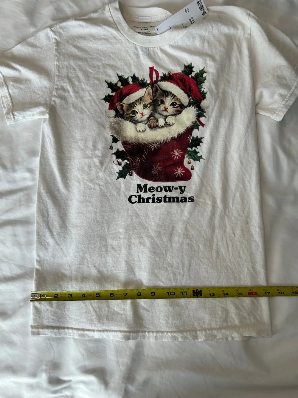 Urban Outfitters White Holiday Cat Tee with Red & Green Kitten Graphic